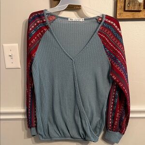 Greyish Greenish Blue and Red V-Neck Top with Patterned Sleeves